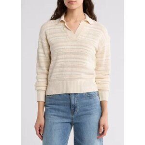 NWT HABITUAL Johnny Collar Cotton Stripe Sweater Ivory Birch XL